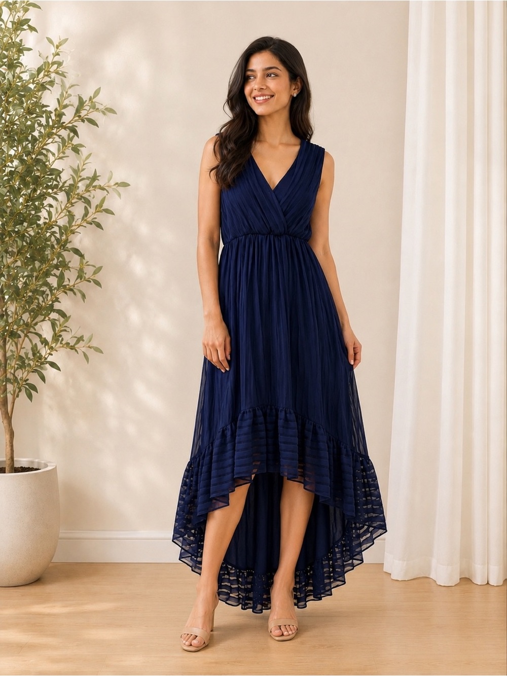 Bobeau & Blue Navy Blue High Low Pleated Maxi Dress M/L